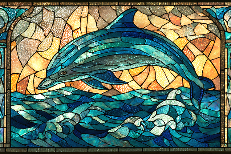 Stained Glass Dolphin Jumping Waves Ocean Art