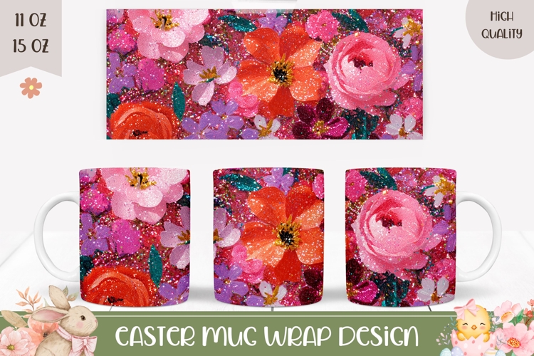 Glitter Flowers Mug Wrap Design, Spring Mug Template