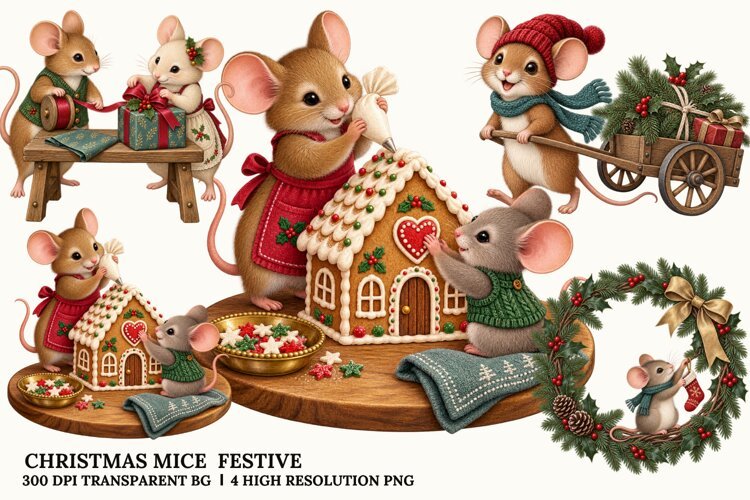 Christmas Mice PNG, Festive Gingerbread Winter Art Design example image 1