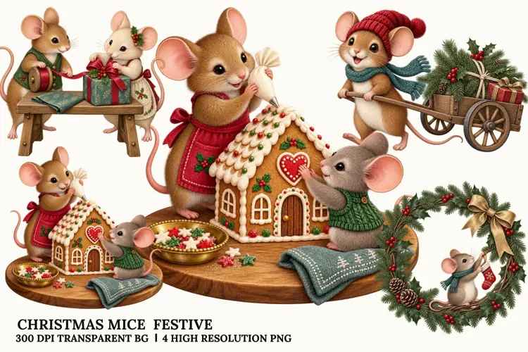 Christmas Mice PNG, Festive Gingerbread Winter Art Design