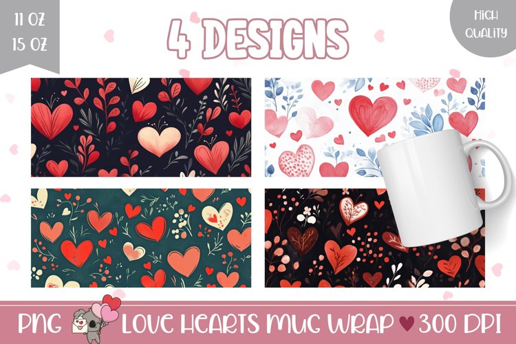 Watercolor Hearts Mug Designs, Flowers Mug Sublimation