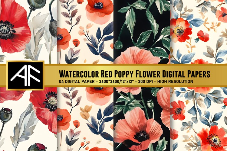 Watercolor Red Poppy Flower Digital Papers