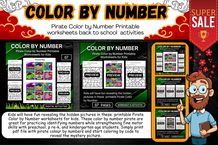 Pirate Color by Number Printable Worksheets for Kids