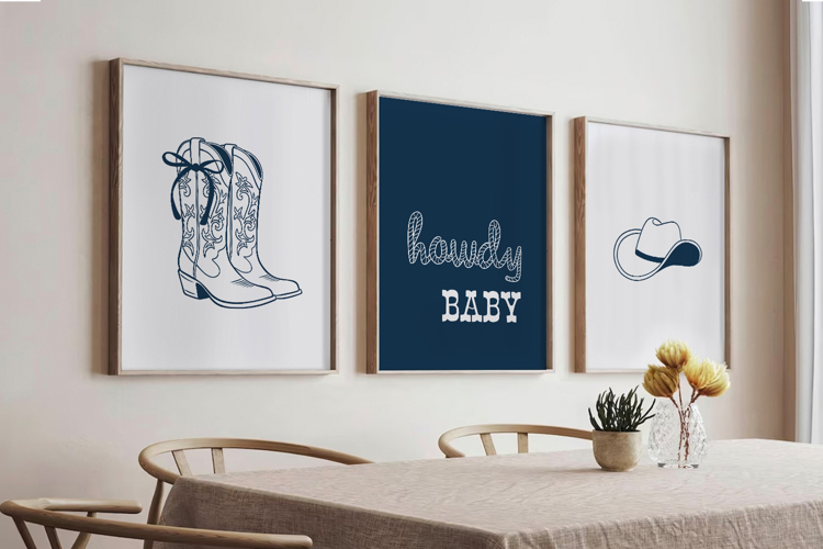 Blue Coquette Bow Cowboy Boots Set of 3 Prints