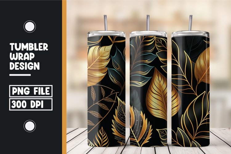 Golden and black 3d leaves tumbler wrap