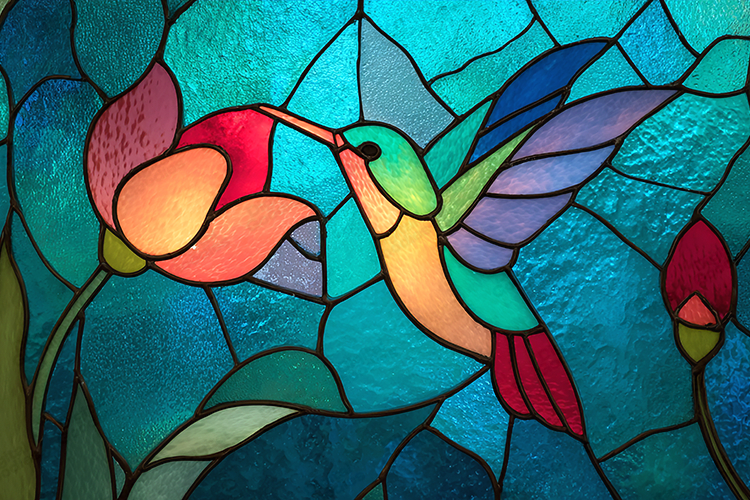 Stained Glass Hummingbird and Flower Tropical Art