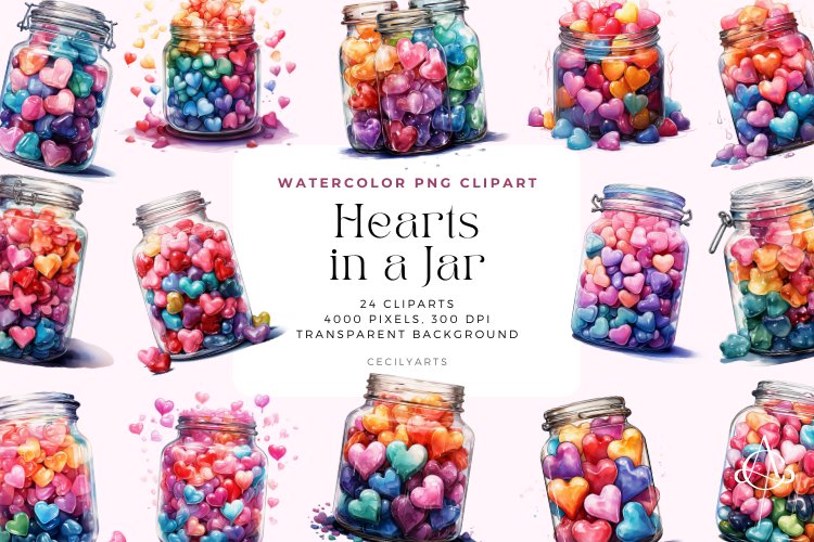 Watercolor Hearts in a Jar Clipart Bundle