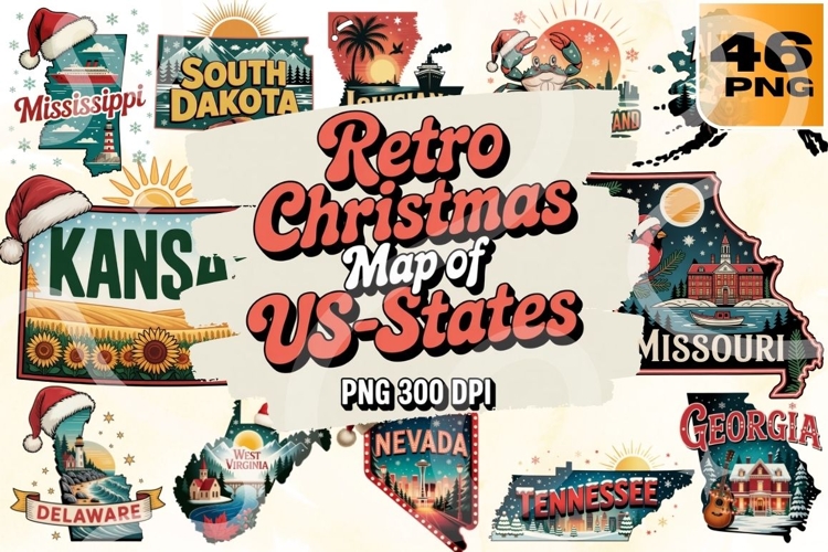 Retro Holiday States Vintage Christmas Map PNG Pack