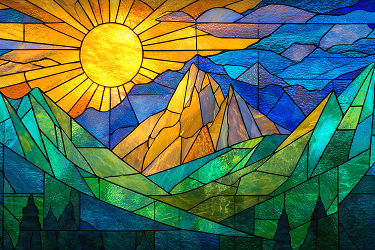 Mountain Landscape Stained Glass Sun Scenic Art