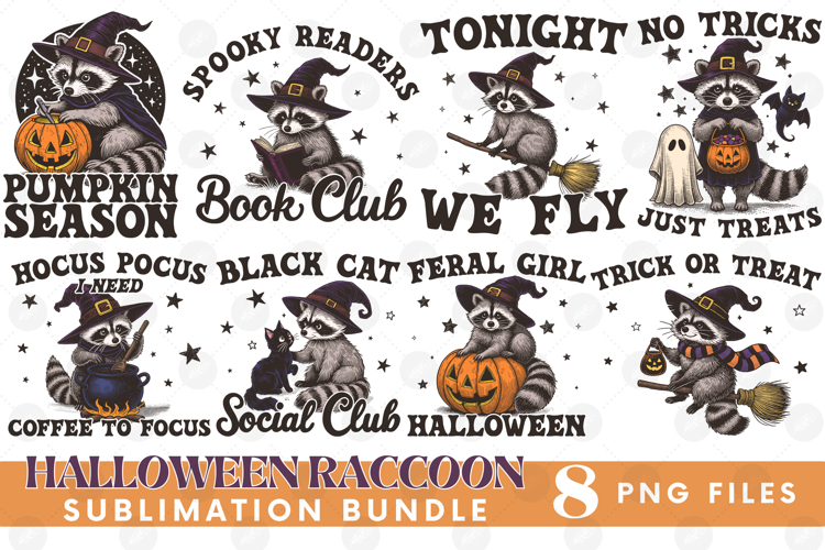 Funny Sarcastic Feral Witch Raccoon Halloween PNG DTF Bundle