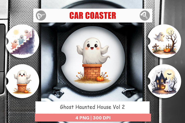 Car Coaster Watercolor Ghost Haunted House