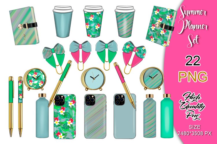 Summer Planner Clipart, Planner Set Clipart, Coffee Clipart.