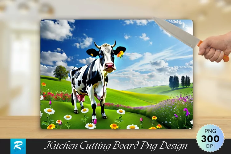 Cow Standing in a Field of Flowers Cutting Board PNG Design