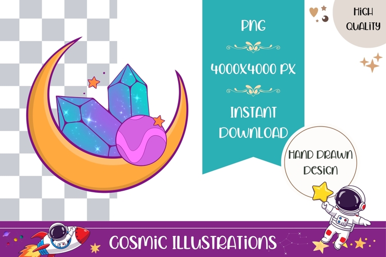 Hand Drawn Cosmic Illustration, Colorful Moon PNG
