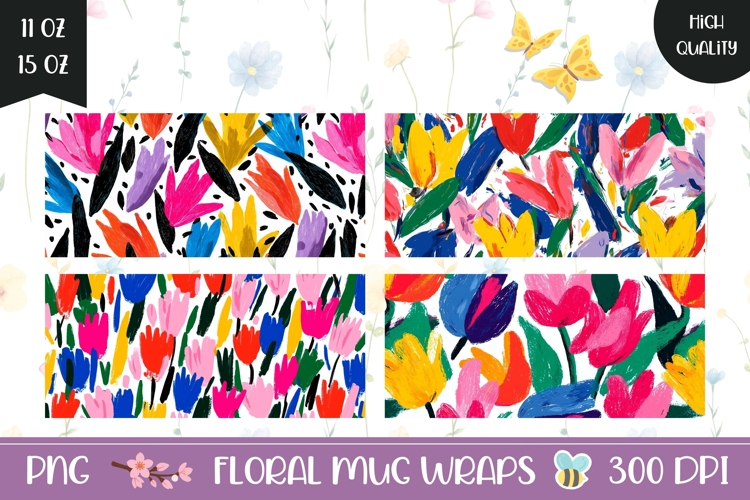 Abstract Tulips Mug Wrap Designs, Flowers Mug Sublimation