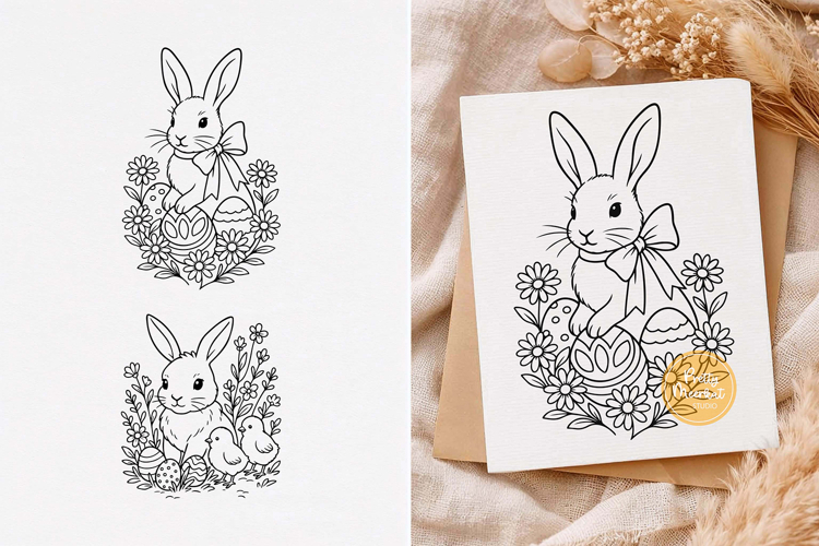 Easter Bunny svg, Easter svg, Flower Meadow svg, Line Art