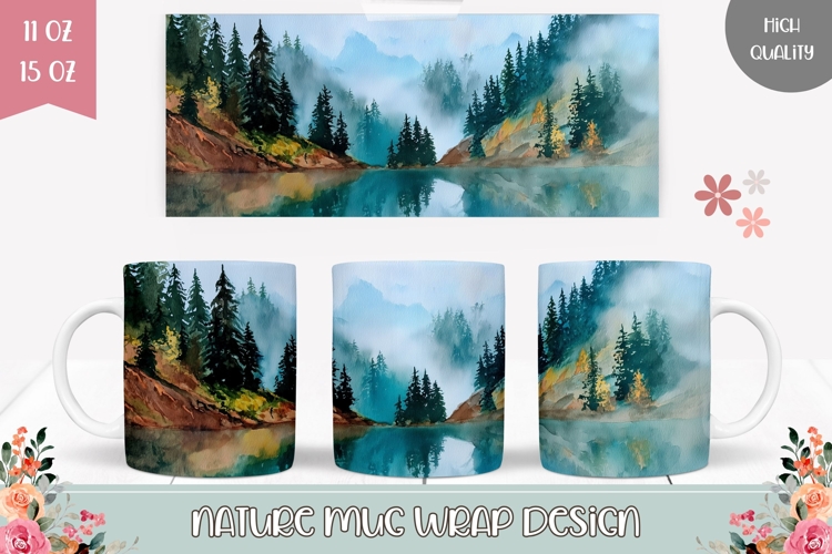Watercolor Landscape Mug Design, Lake Mug Sublimation