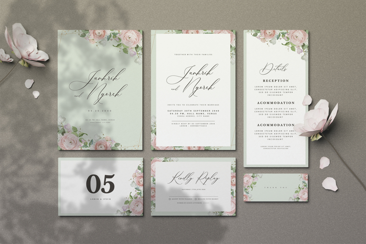 beautiful wedding card invitation set with roses flower
