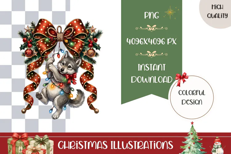 Cartoon Christmas Wolf Illustration, Cute Christmas PNG