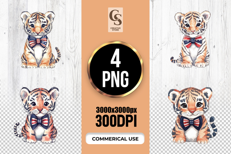 Cute Tiger Patriotic Bow Watercolor Clipart PNG