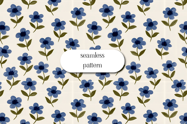 Blue Floral Seamless Pattern, Vintage Flower Repeat JPG