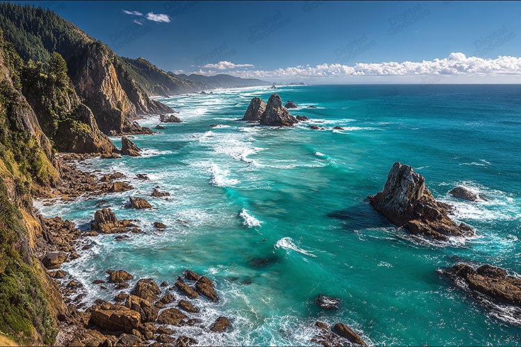 Scenic Rocky Coastline and Turquoise Ocean Landscape Art