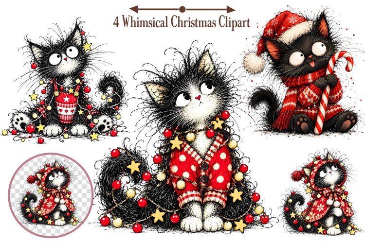 Whimsical Christmas Clipart, Christmas Cat Sublimation example image 1