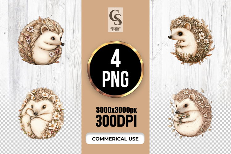 Watercolor Floral Hedgehog Clipart Sublimation PNG