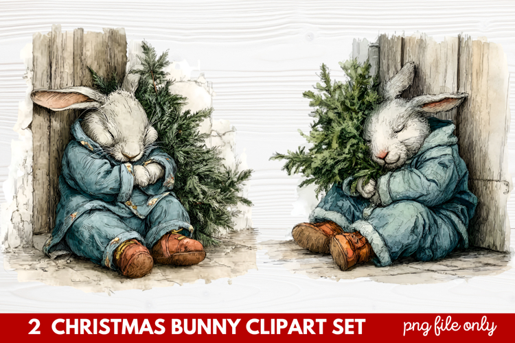 2 Christmas Bunny Clipart Set | Cute Holiday Bunny PNG Illus