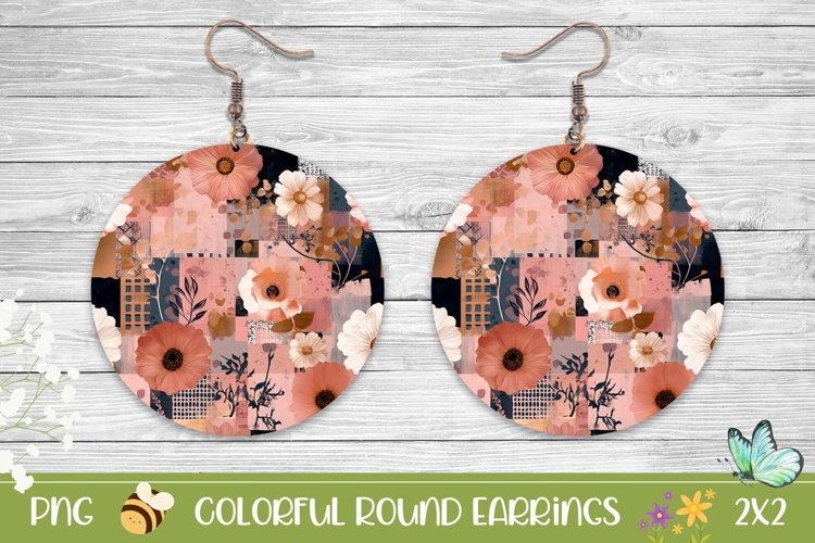 Boho Earrings Template, Boho Flowers Round Earrings PNG