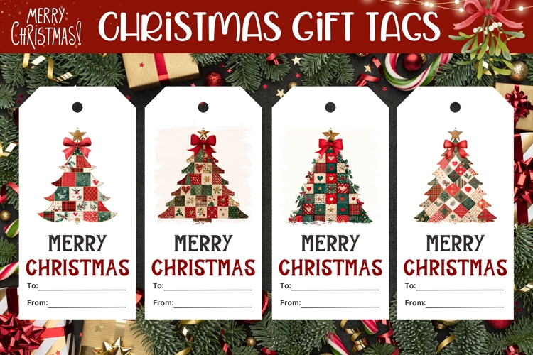 Patchwork Christmas Tree Gift Tags, Christmas Tags Printable