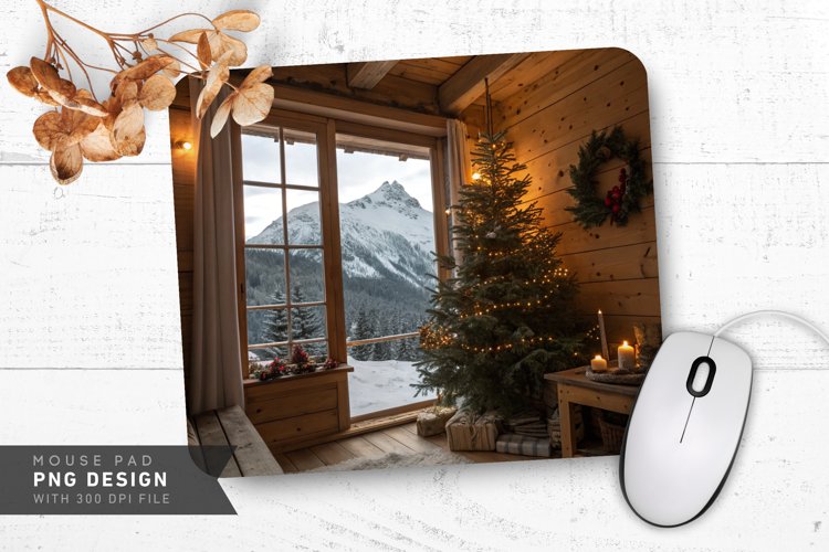 Rustic Holiday Cabin with Snowy Mountain View Mouse Pad PNG