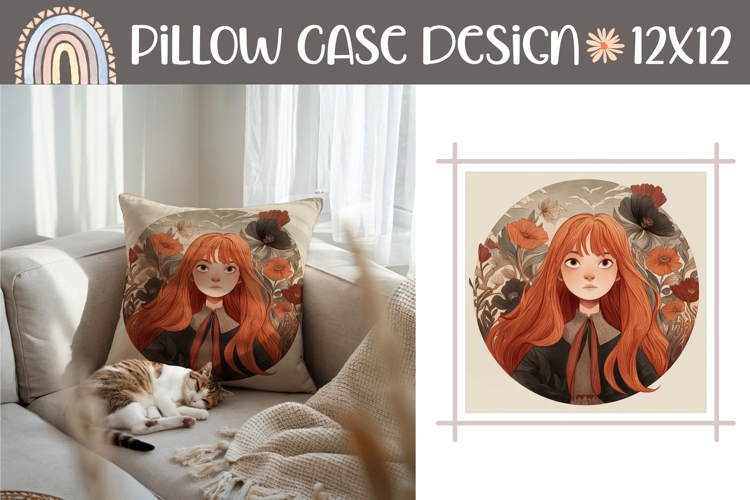 Red Hair Girl Pillow Design, Art Pillow Sublimation