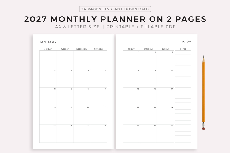 2027 Monthly Planner Printable, Dated Month on 2 Pages