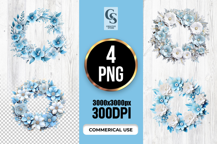 Blue Floral Wreath Clipart Sublimation PNG