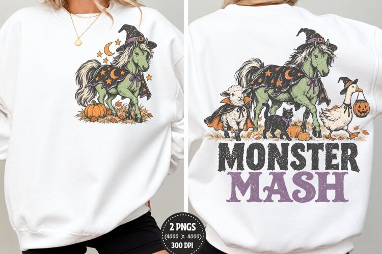 Monster Mash Front Back Halloween PNG, Witch Horse Chest Bac example image 1