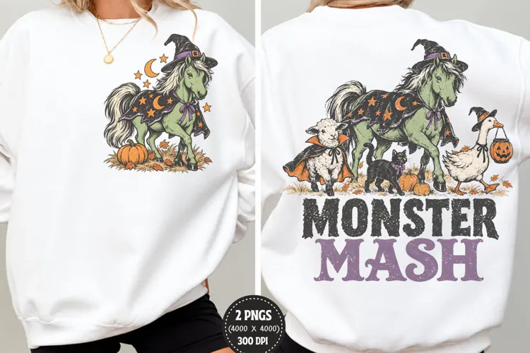 Monster Mash Front Back Halloween PNG, Witch Horse Chest Bac