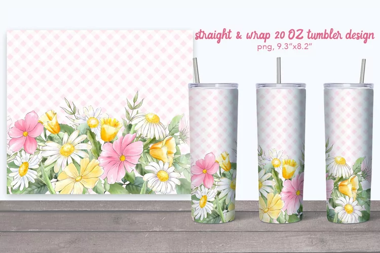 Spring tumbler with chamomiles with plaid. 20 oz tumbler