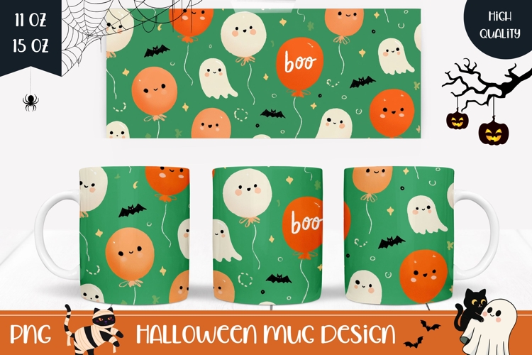 Boo Halloween Mug Template, Ghost Mug Wrap Design
