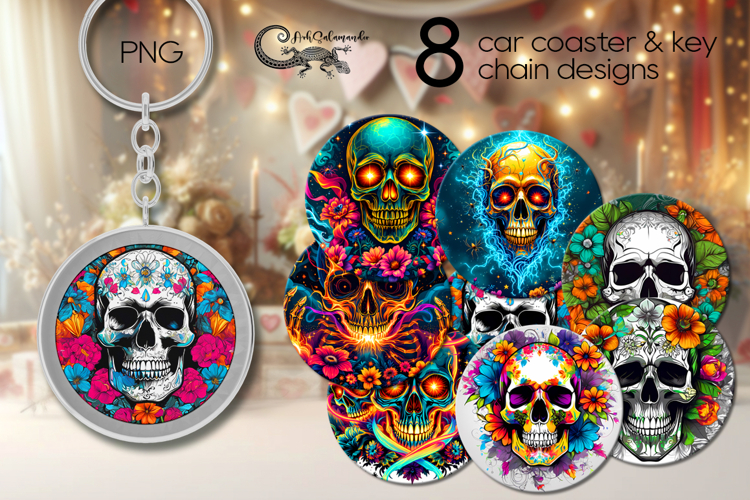 Skull and flowers | 8 Halloween Car coaster & key chain