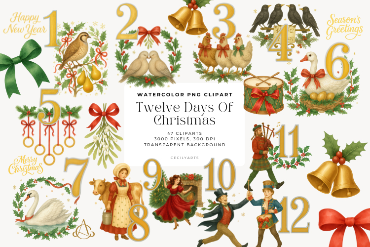 Twelve Days of Christmas Watercolor Clipart Set