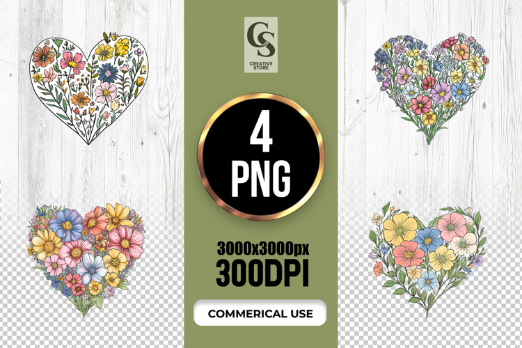 Wildflower Heart Illustration Clipart Sublimation PNG