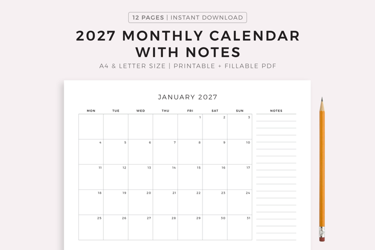 2027 Monthly Calendar with Notes, Landscape, Printable