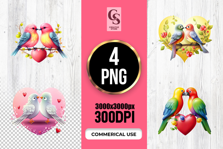 Love Birds Heart Illustration Clipart Sublimation PNG