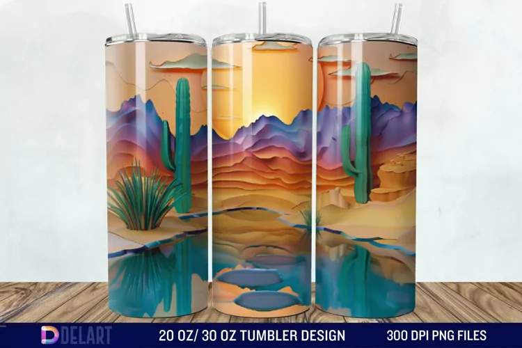 3D Tranquil Desert Oasis Stained Glass Tumbler Wrap