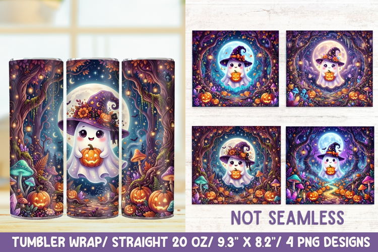 Cute Halloween Witch Ghost 20 OZ Skinny Tumbler Wrap Png.