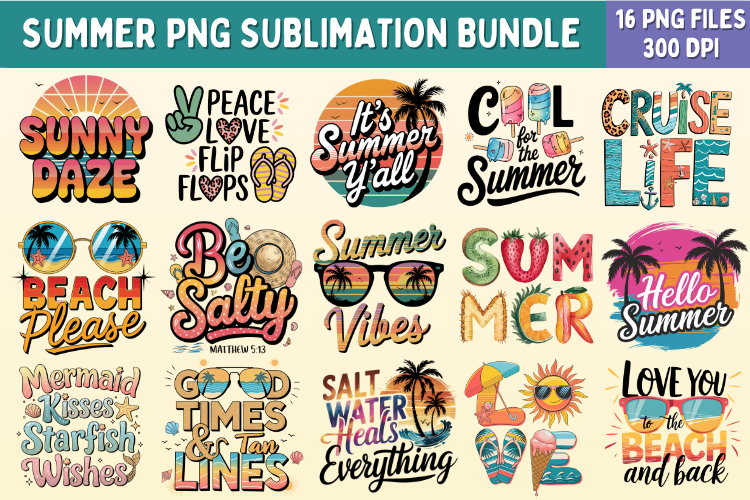 Summer PNG Sublimation Bundle | 16 High-Res Designs