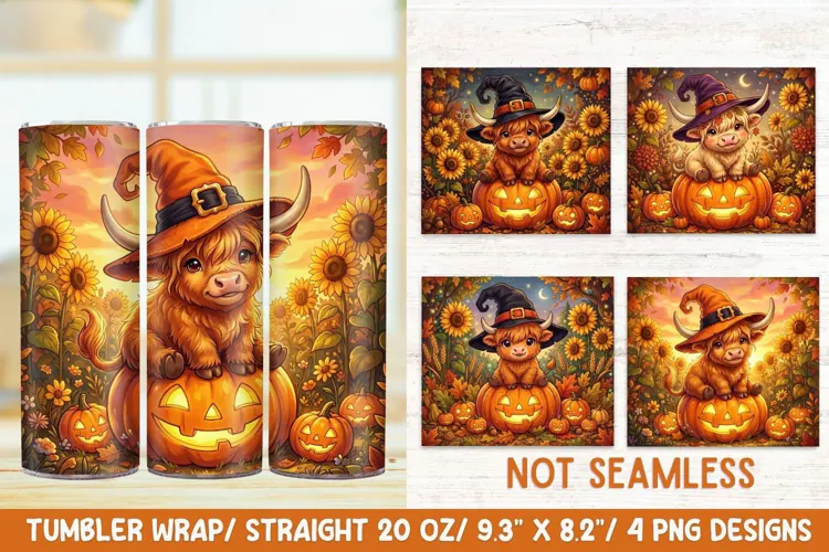 Witch Highland Cow 20 OZ Skinny Tumbler Wrap Sublimation PNG