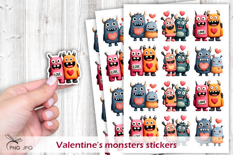Valentines monsters stickers- 6 Variations