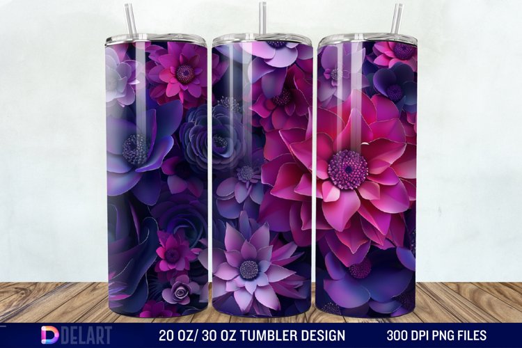 3D Fuchsia and Violet Flowers Tumbler Wrap